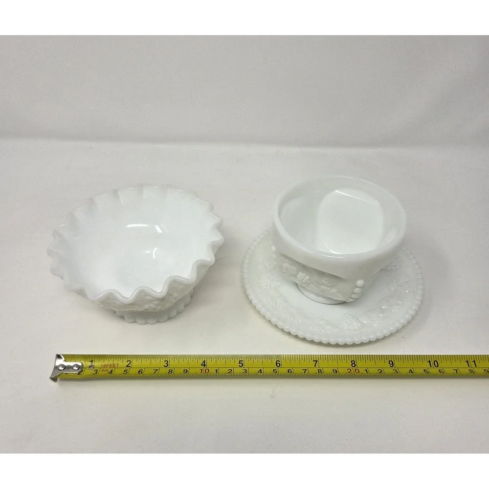 Vintage Westmoreland Paneled Grape Milk Glass 3pc Compote Bowl Saucer Lot